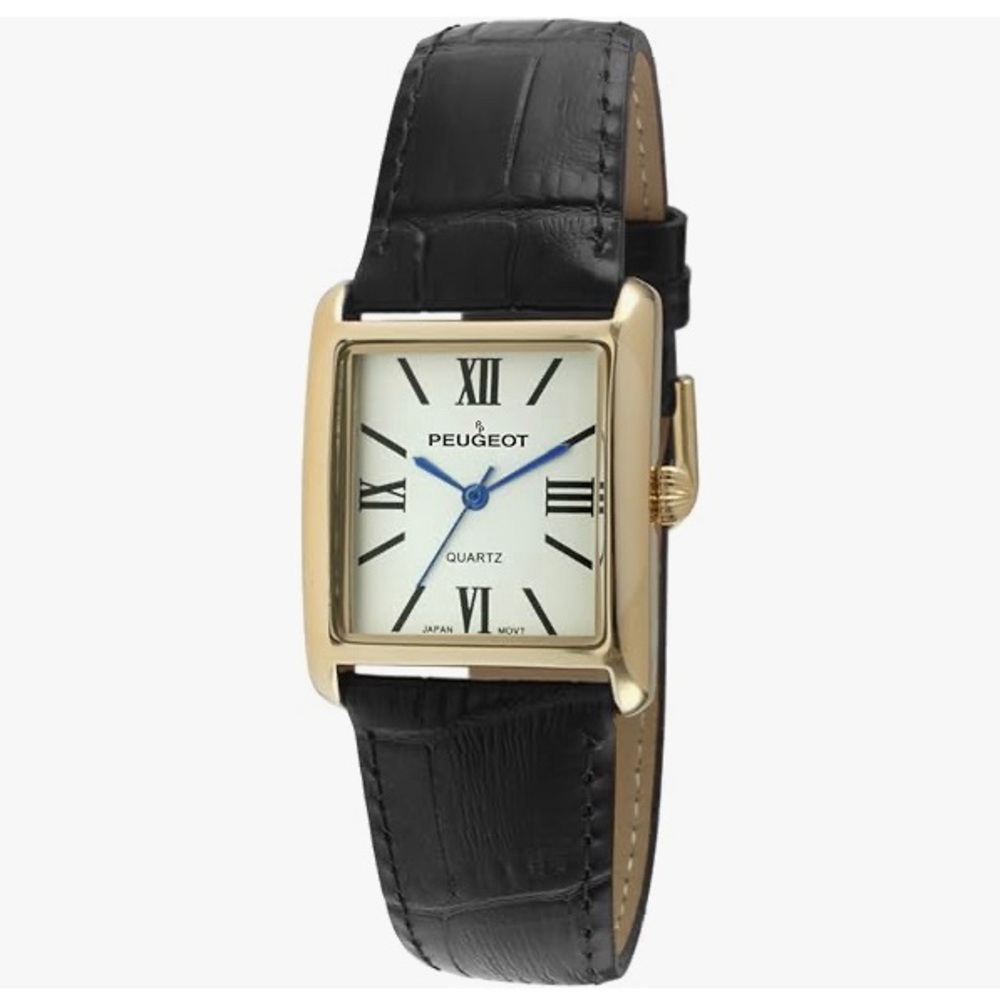 Peugeot Women's 14K Gold Plated Tank Leather Dress Watch